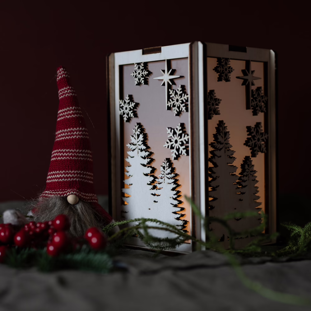Lykta vinterland med tomte